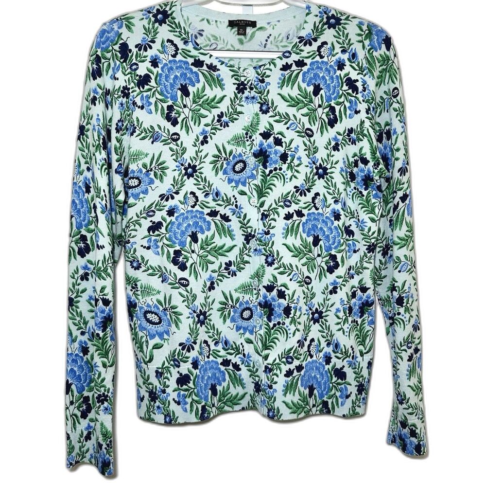 Talbots Petite Medium Floral Cardigan Blue Green Button Front Cotton Rayon
